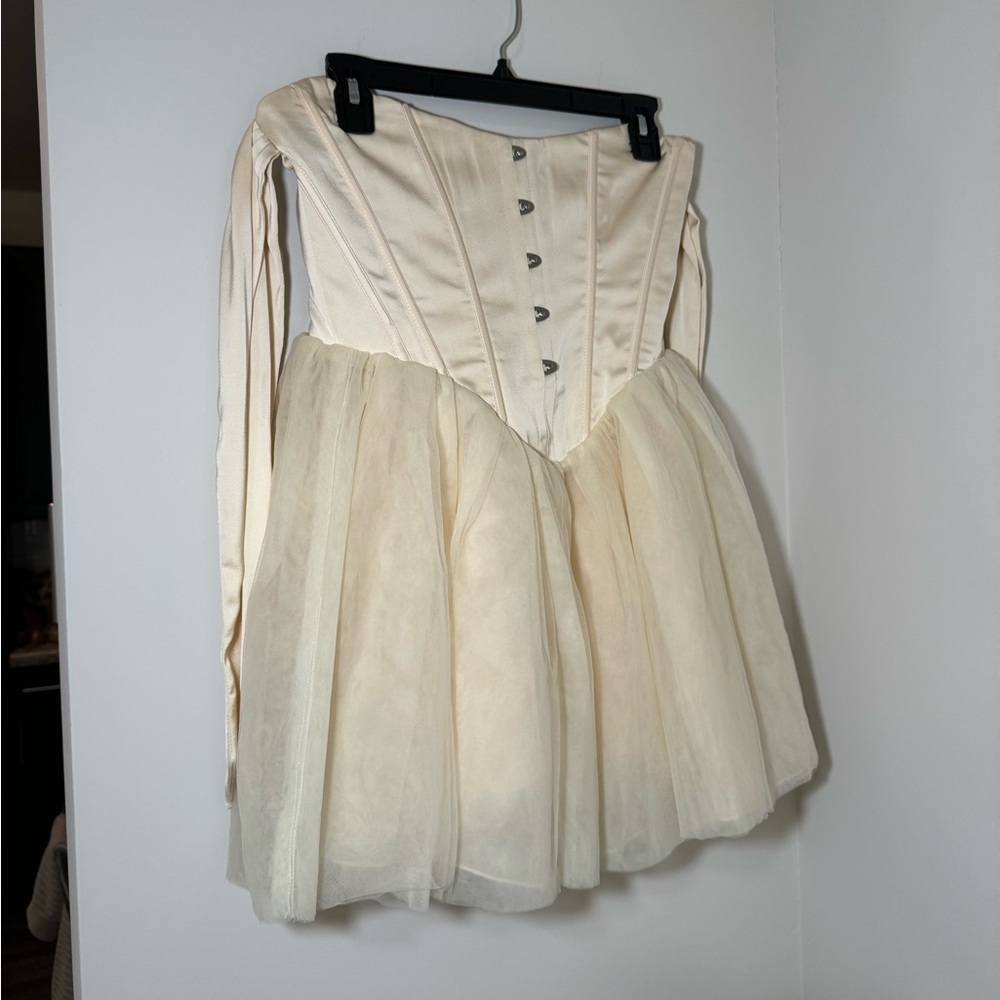 Oh Polly Reine Off Shoulder Tulle Skirt Mini Dress in Ivory